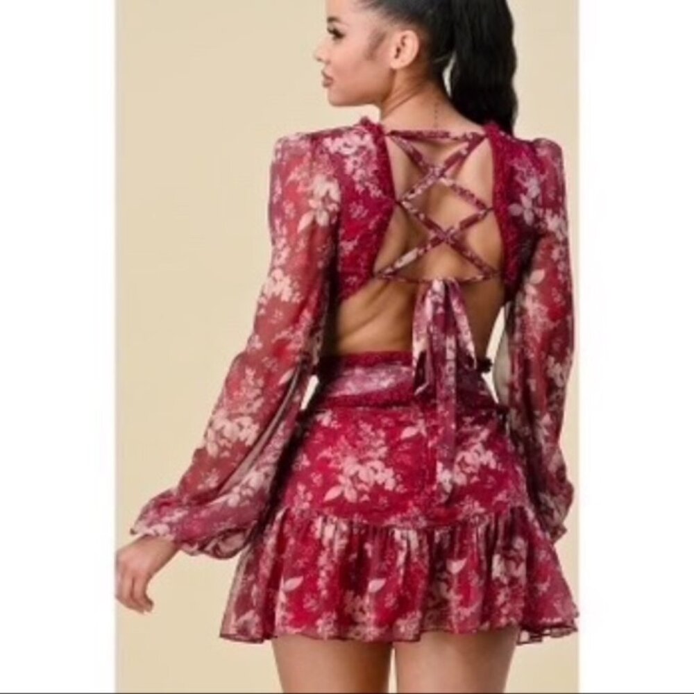 Burgundy Floral Lace-Up Back Long Sleeve Mini Dress